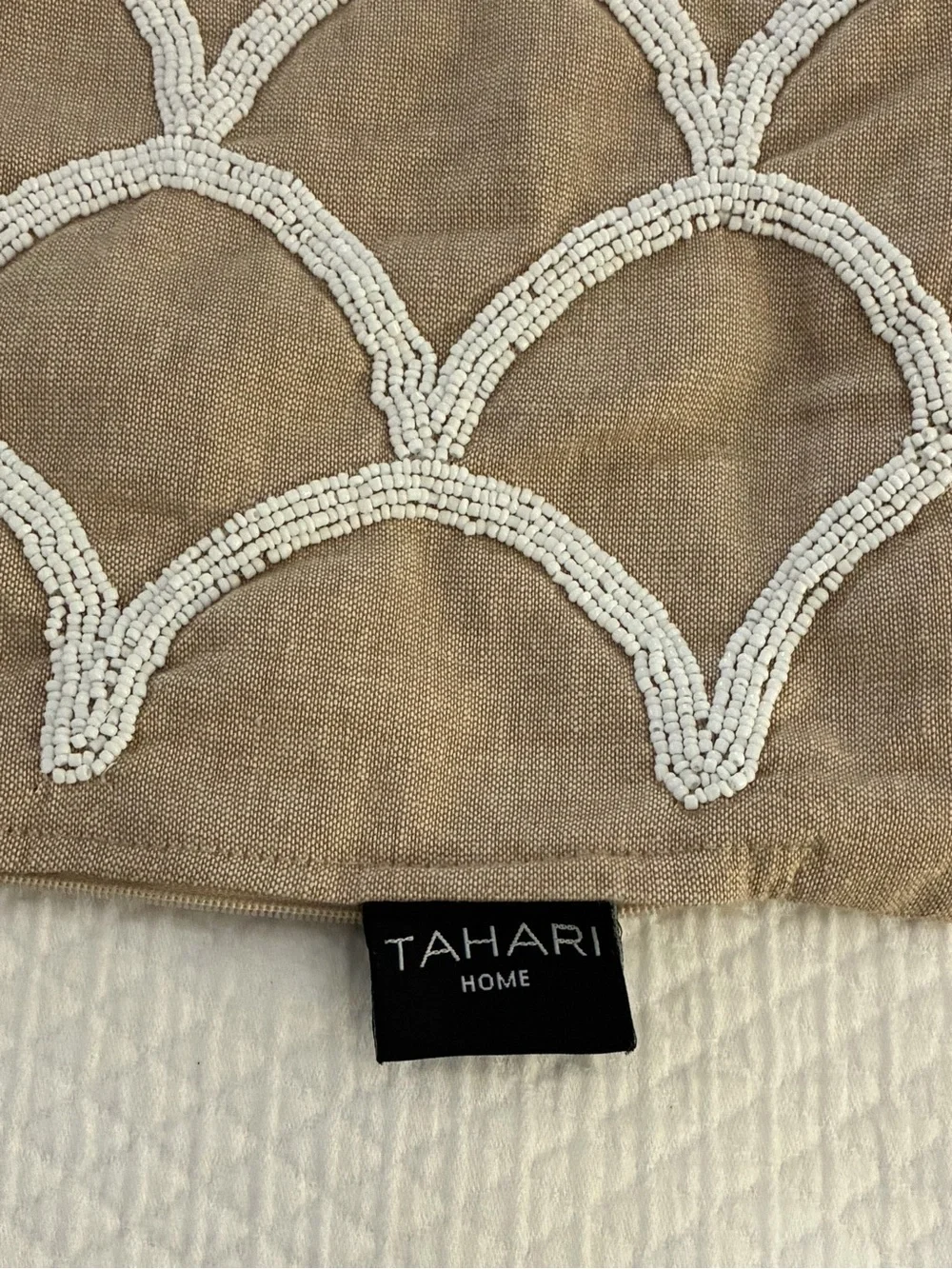 Tahari Taupe Accent Linen Pillow Cover with White Beaded Scallop Design